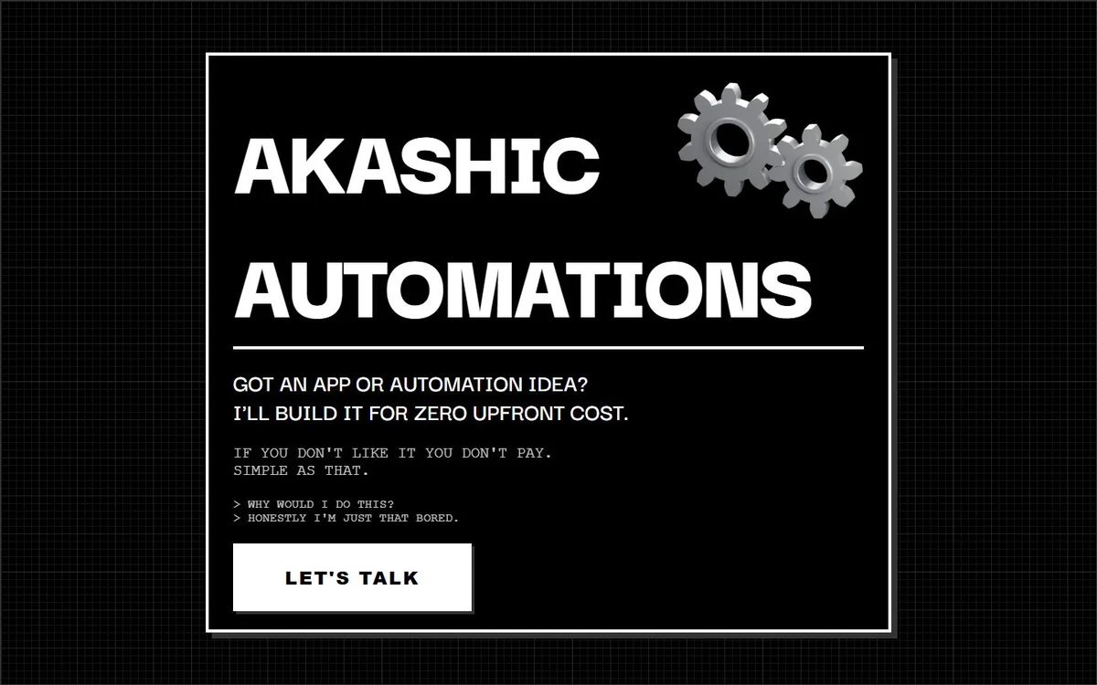 Akashic Automations company homepage with bold typography and a project inquiry invitation.