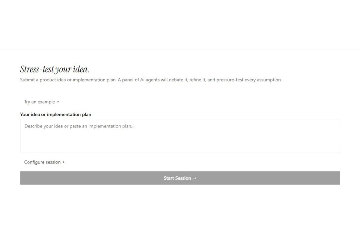 Ideaition’s Stress-test your idea form with controls to configure an agent critique session.