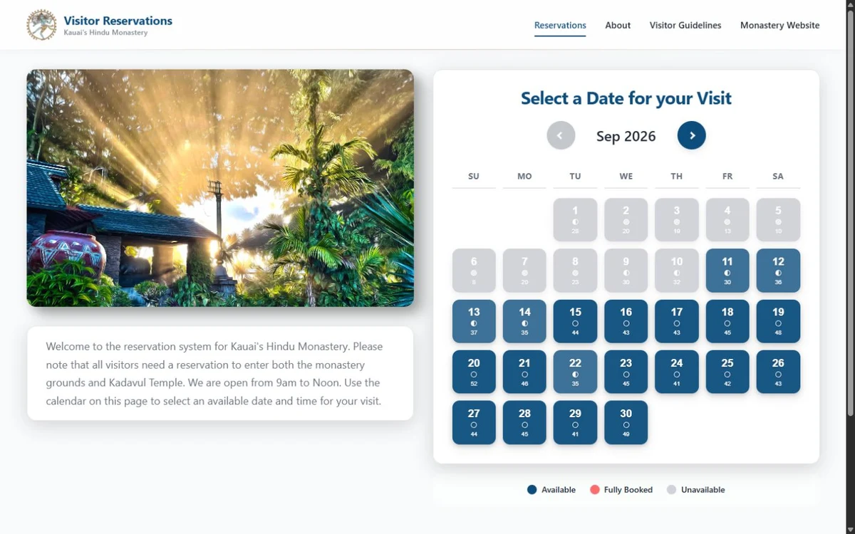 Kadavul Temple visitor reservations with the temple image and date selection calendar.