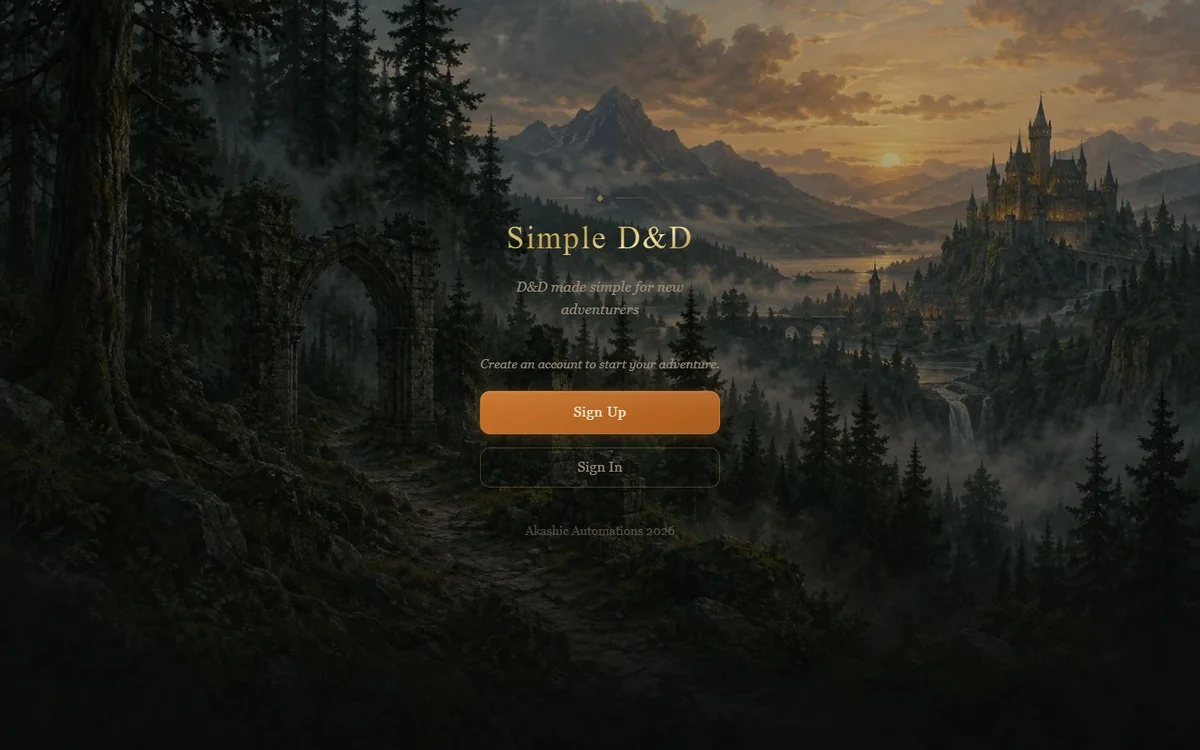 Simple D&D landing page with a forest path, mountain castle, and sign-up and sign-in controls.