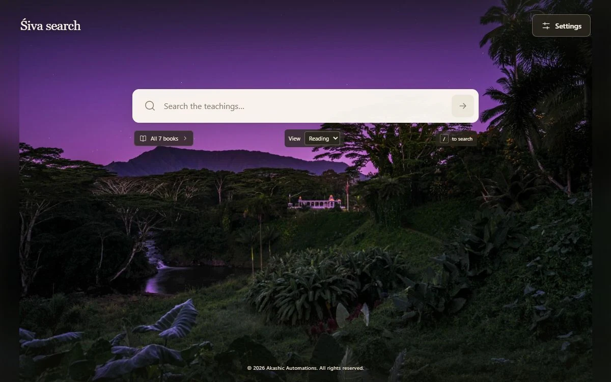 Śiva Search: a search field over a mountain landscape with Shiva in meditation.